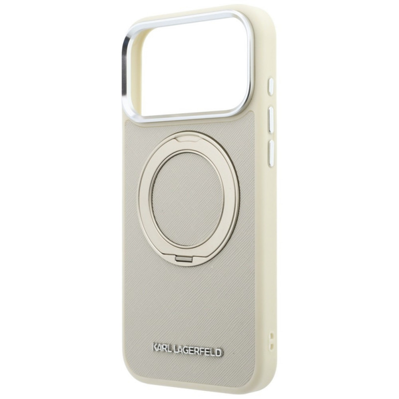 Custodia MagSafe Karl Lagerfeld Ring Stand 360 Saffiano Classic Logo per Apple iPhone 18 Pro / 17 Pro, beige