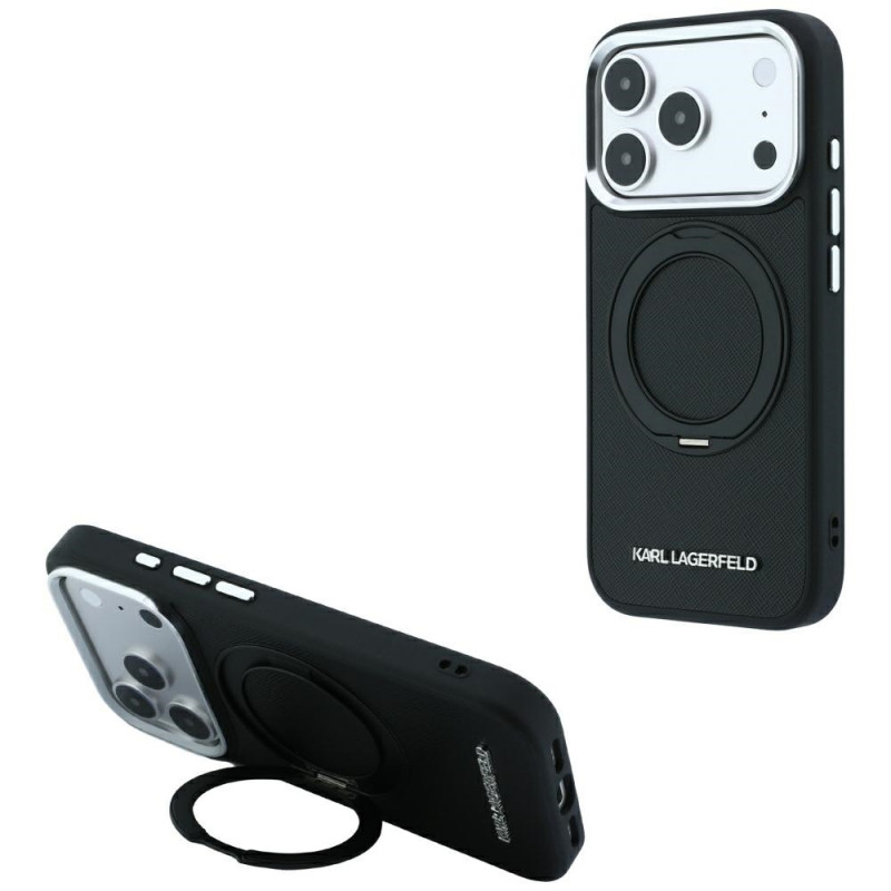Custodia Karl Lagerfeld Ring Stand 360 Saffiano Classic Logo MagSafe per Apple iPhone 18 Pro / 17 Pro, nera (KF003179)
