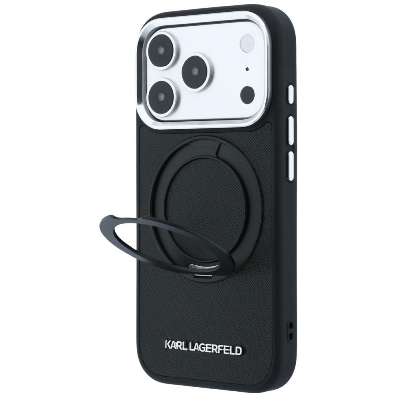 Custodia Karl Lagerfeld Ring Stand 360 Saffiano Classic Logo MagSafe per Apple iPhone 18 Pro / 17 Pro, nera (KF003179)