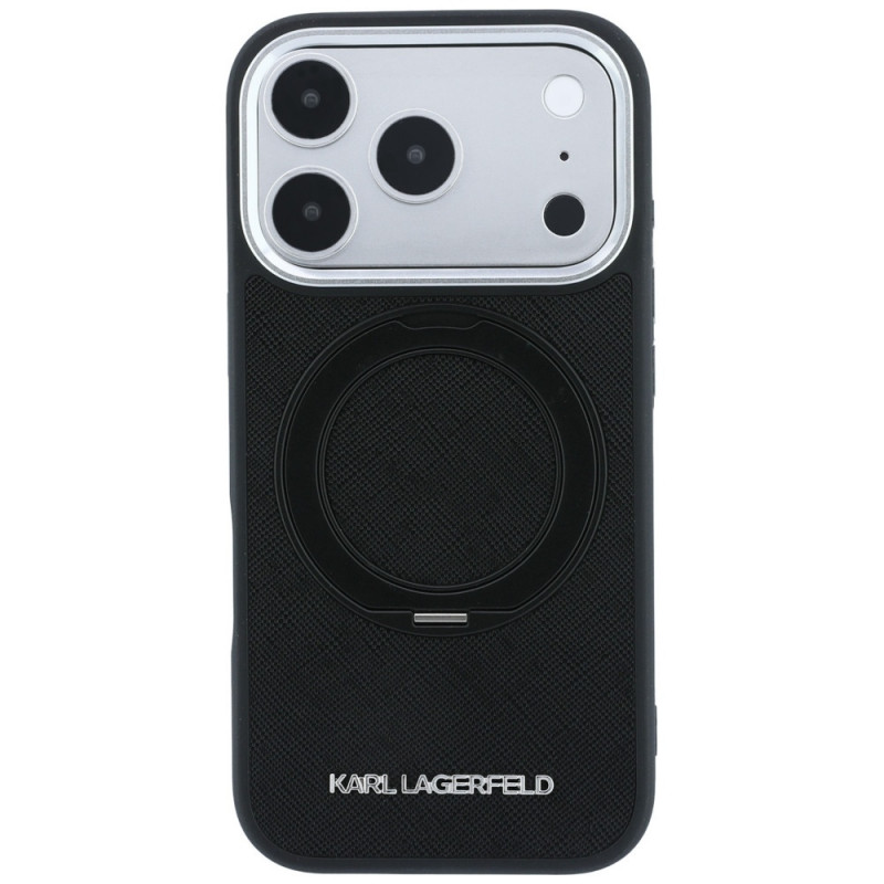 Custodia Karl Lagerfeld Ring Stand 360 Saffiano Classic Logo MagSafe per Apple iPhone 18 Pro / 17 Pro, nera (KF003179)
