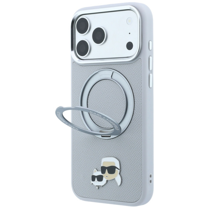 Custodia MagSafe Karl Lagerfeld with Ring Stand 360 Karl & Choupette Heads Pin per Apple iPhone 18 Pro Max / 17 Pro Max, grigia