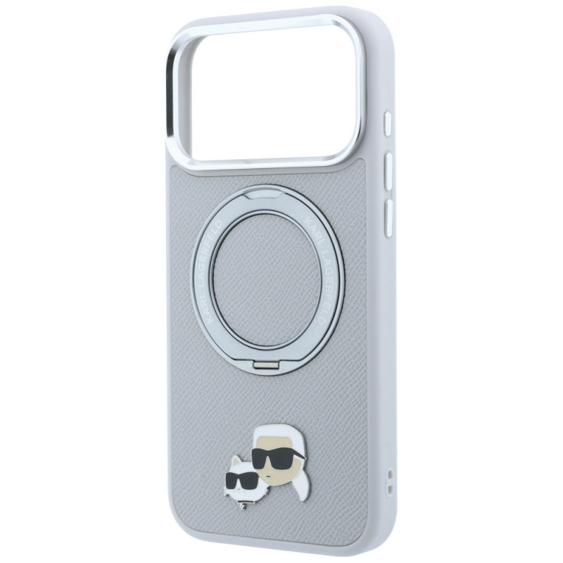 Custodia MagSafe Karl Lagerfeld with Ring Stand 360 Karl & Choupette Heads Pin per Apple iPhone 18 Pro Max / 17 Pro Max, grigia