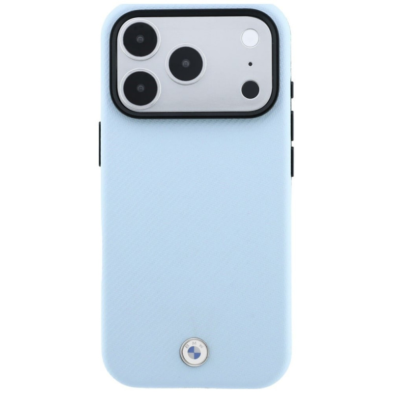 Custodia MagSafe BMW Kevlar Metal Logo per Apple iPhone 18 Pro Max / 17 Pro Max, blu