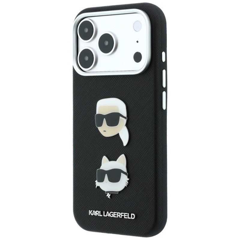 Custodia Karl Lagerfeld Saffiano Karl&Choupette Heads Pins Strap Logo per Apple iPhone 18 Pro / 17 Pro, nera