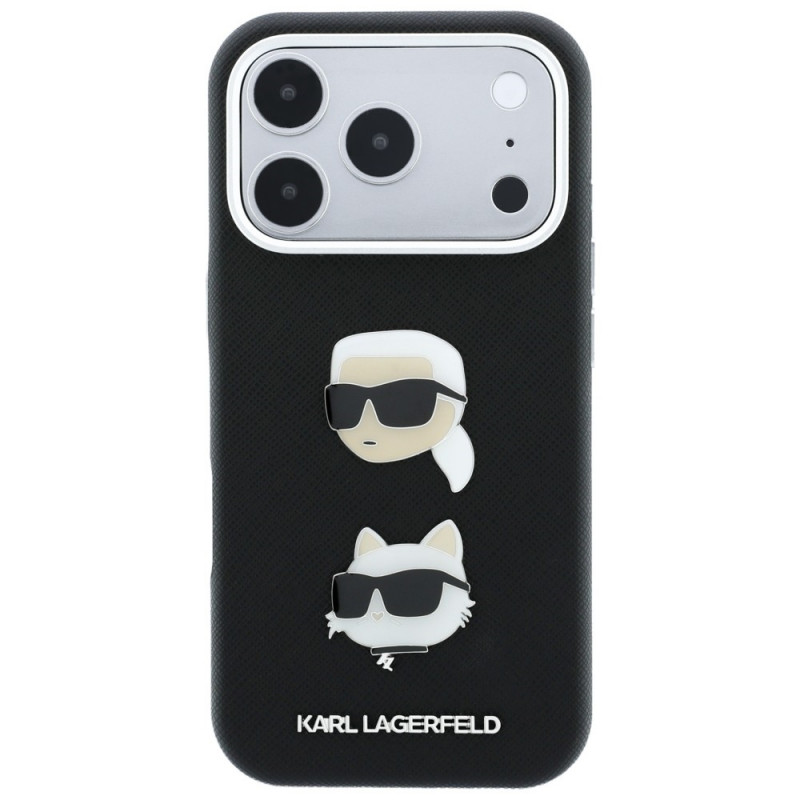 Custodia Karl Lagerfeld Saffiano Karl&Choupette Heads Pins Strap Logo per Apple iPhone 18 Pro / 17 Pro, nera
