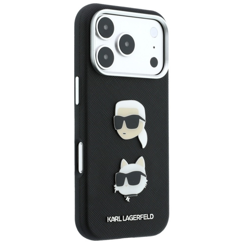 Custodia Karl Lagerfeld Saffiano Karl&Choupette Heads Pins Strap Logo per Apple iPhone 18 Pro / 17 Pro, nera