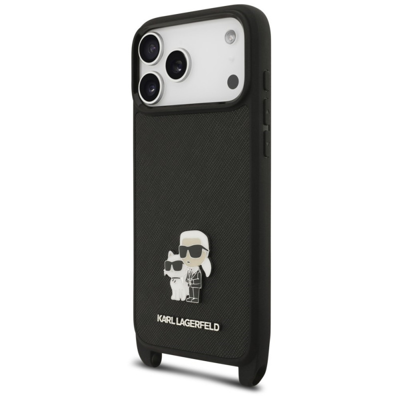Custodia con tracolla Karl Lagerfeld Saffiano Karl&Choupette Metal Pin CBDY per Apple iPhone 18 Pro Max / 17 Pro Max, nera