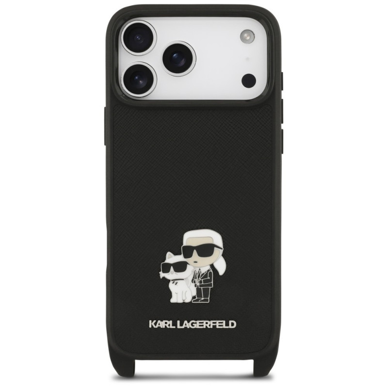 Custodia con tracolla Karl Lagerfeld Saffiano Karl&Choupette Metal Pin CBDY per Apple iPhone 18 Pro Max / 17 Pro Max, nera