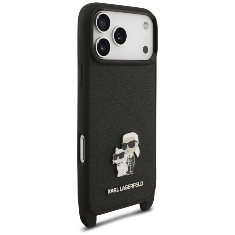 Custodia con tracolla Karl Lagerfeld Saffiano Karl&Choupette Metal Pin CBDY per Apple iPhone 18 Pro Max / 17 Pro Max, nera