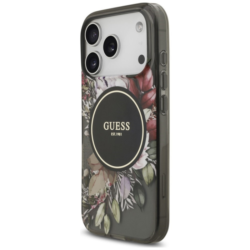 Custodia MagSafe Guess IML Flowers Pearl Strap per Apple iPhone 18 Pro / 17 Pro, nera