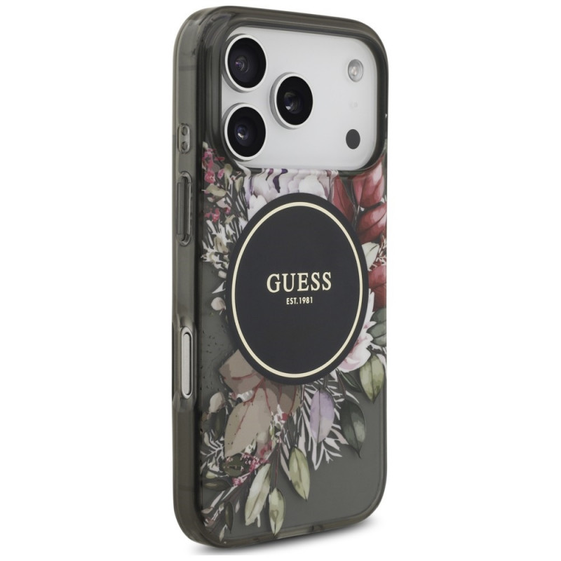 Custodia MagSafe Guess IML Flowers Pearl Strap per Apple iPhone 18 Pro / 17 Pro, nera
