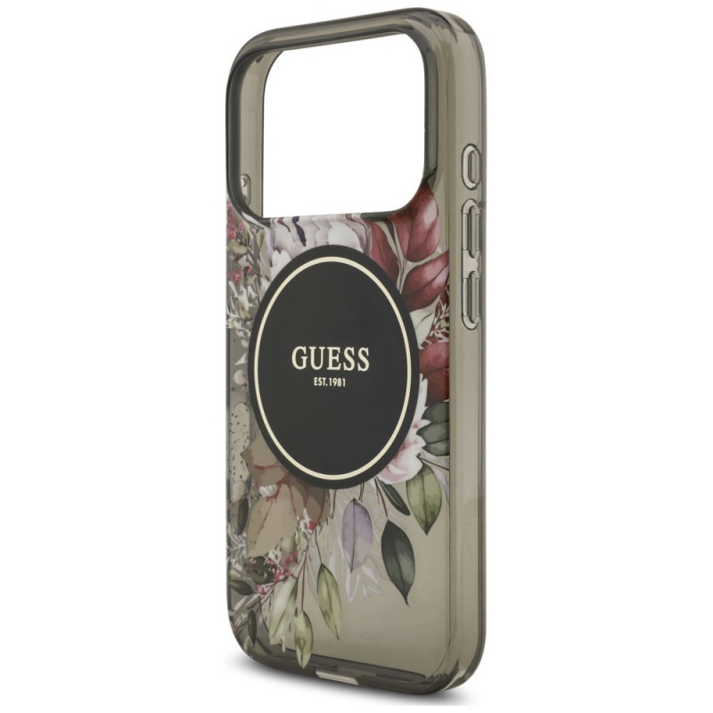 Custodia MagSafe Guess IML Flowers Pearl Strap per Apple iPhone 18 Pro / 17 Pro, nera