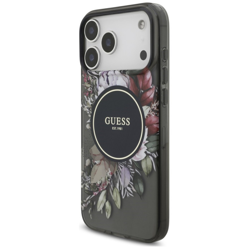 Custodia MagSafe Guess IML Flowers Pearl Strap per Apple iPhone 18 Pro Max / 17 Pro Max, nera
