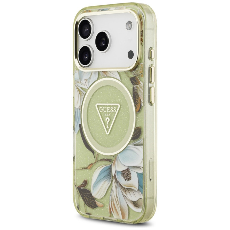 Custodia MagSafe Guess IML Glitter Flowers Triangle per Apple iPhone 18 Pro Max / 17 Pro Max, verde