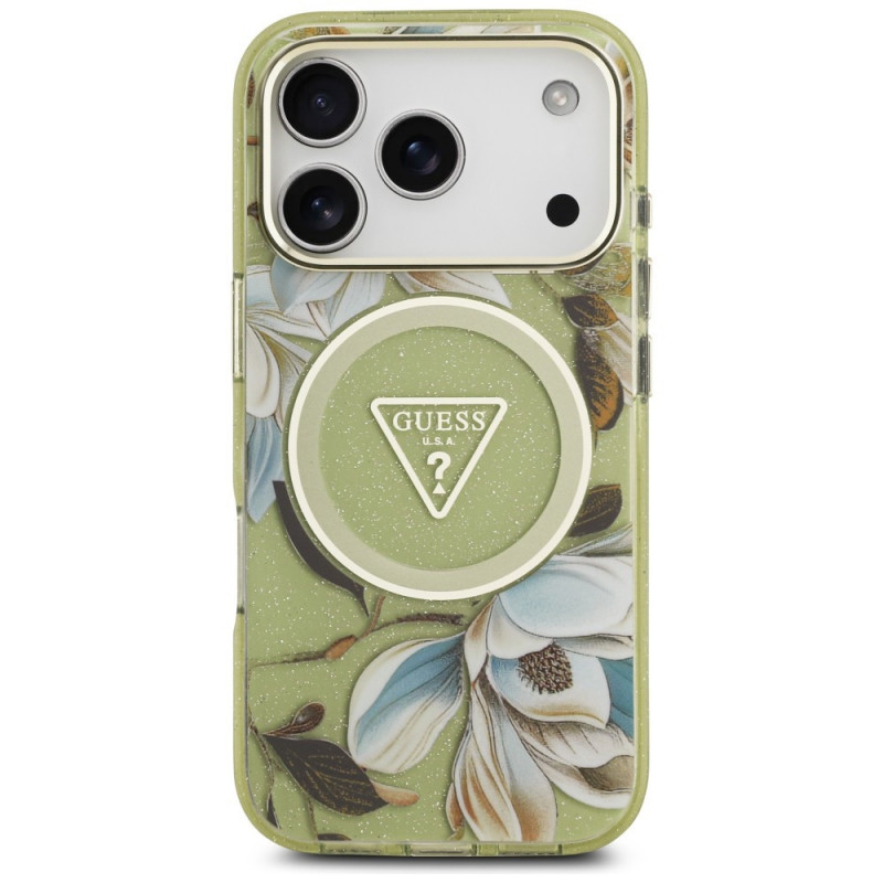 Custodia MagSafe Guess IML Glitter Flowers Triangle per Apple iPhone 18 Pro Max / 17 Pro Max, verde