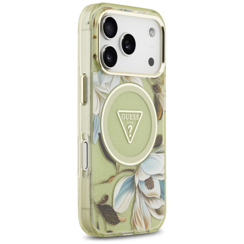 Custodia MagSafe Guess IML Glitter Flowers Triangle per Apple iPhone 18 Pro Max / 17 Pro Max, verde