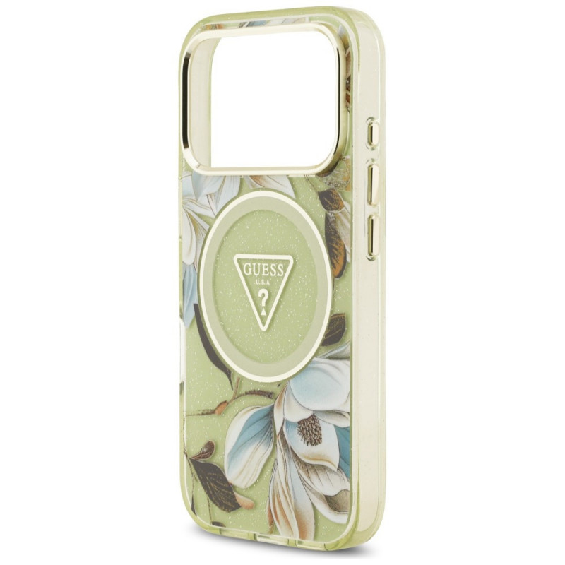 Custodia MagSafe Guess IML Glitter Flowers Triangle per Apple iPhone 18 Pro Max / 17 Pro Max, verde