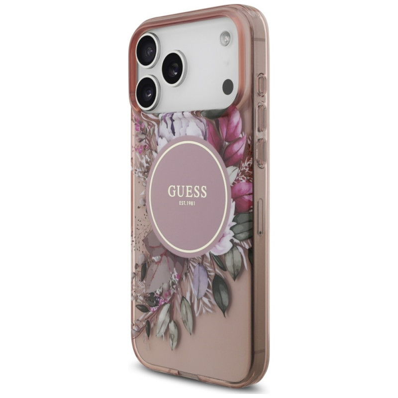 Custodia MagSafe Guess IML Flowers Pearl Strap per Apple iPhone 18 Pro Max / 17 Pro Max, rosa