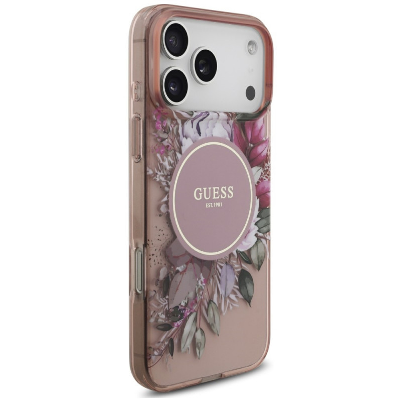 Custodia MagSafe Guess IML Flowers Pearl Strap per Apple iPhone 18 Pro Max / 17 Pro Max, rosa