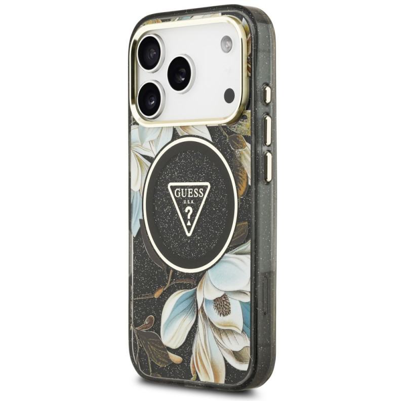 Custodia MagSafe Guess IML Glitter Flowers Triangle per Apple iPhone 18 Pro Max / 17 Pro Max, nera
