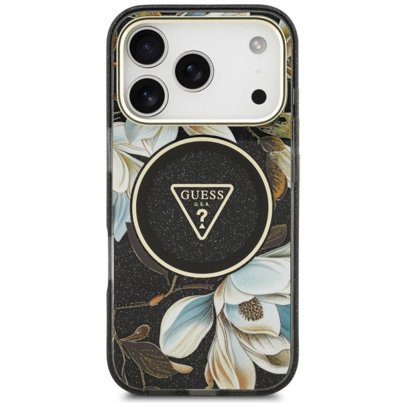 Custodia MagSafe Guess IML Glitter Flowers Triangle per Apple iPhone 18 Pro Max / 17 Pro Max, nera