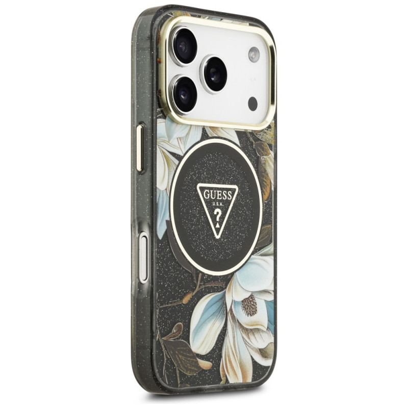 Custodia MagSafe Guess IML Glitter Flowers Triangle per Apple iPhone 18 Pro Max / 17 Pro Max, nera
