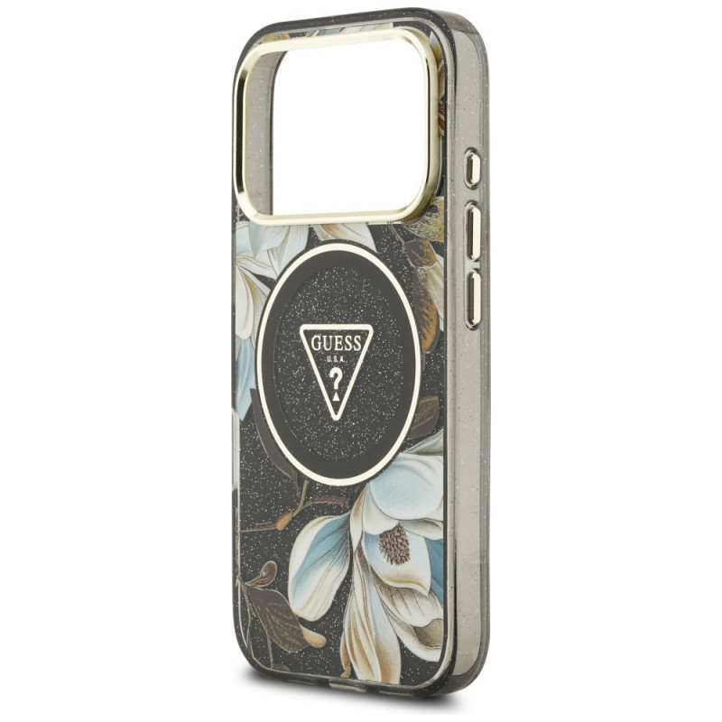 Custodia MagSafe Guess IML Glitter Flowers Triangle per Apple iPhone 18 Pro Max / 17 Pro Max, nera