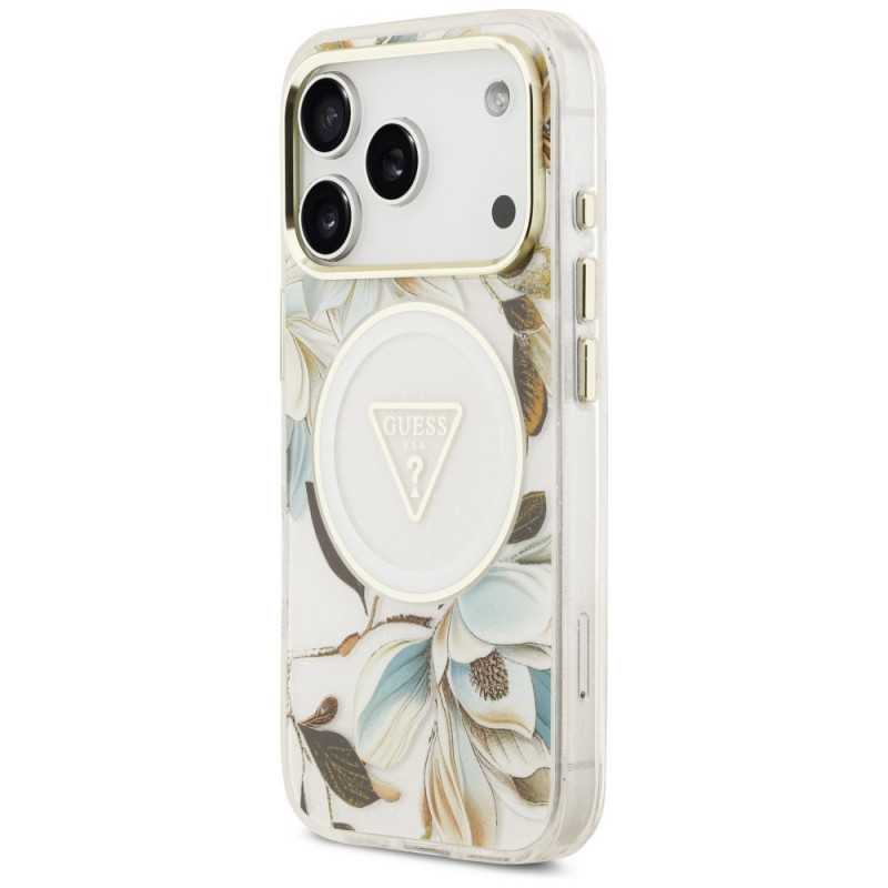 Custodia MagSafe Guess IML Glitter Flowers Triangle per Apple iPhone 18 Pro Max / 17 Pro Max, bianca