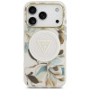 Custodia MagSafe Guess IML Glitter Flowers Triangle per Apple iPhone 18 Pro Max / 17 Pro Max, bianca