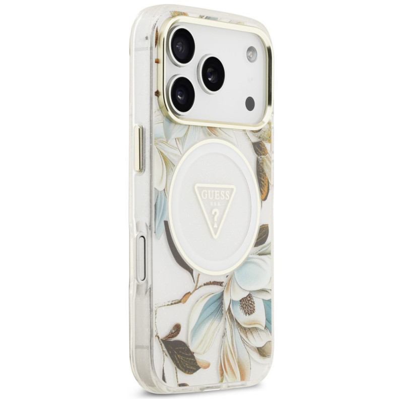 Custodia MagSafe Guess IML Glitter Flowers Triangle per Apple iPhone 18 Pro Max / 17 Pro Max, bianca