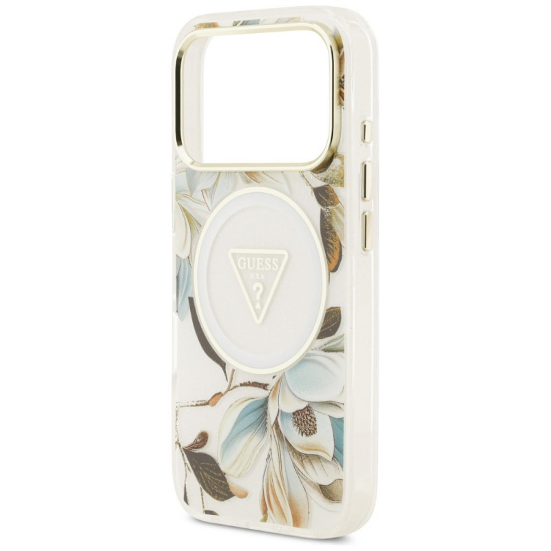 Custodia MagSafe Guess IML Glitter Flowers Triangle per Apple iPhone 18 Pro Max / 17 Pro Max, bianca