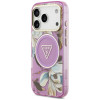 Custodia MagSafe Guess IML Glitter Flowers Triangle per Apple iPhone 18 Pro Max / 17 Pro Max, viola