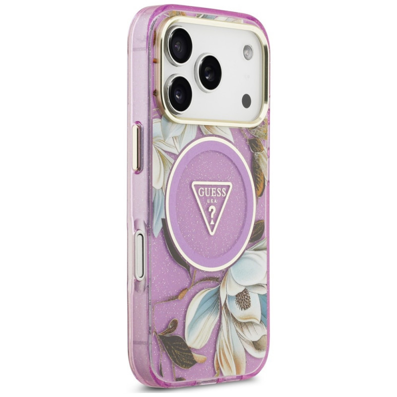 Custodia MagSafe Guess IML Glitter Flowers Triangle per Apple iPhone 18 Pro Max / 17 Pro Max, viola