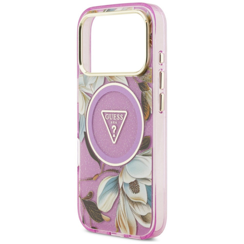 Custodia MagSafe Guess IML Glitter Flowers Triangle per Apple iPhone 18 Pro Max / 17 Pro Max, viola