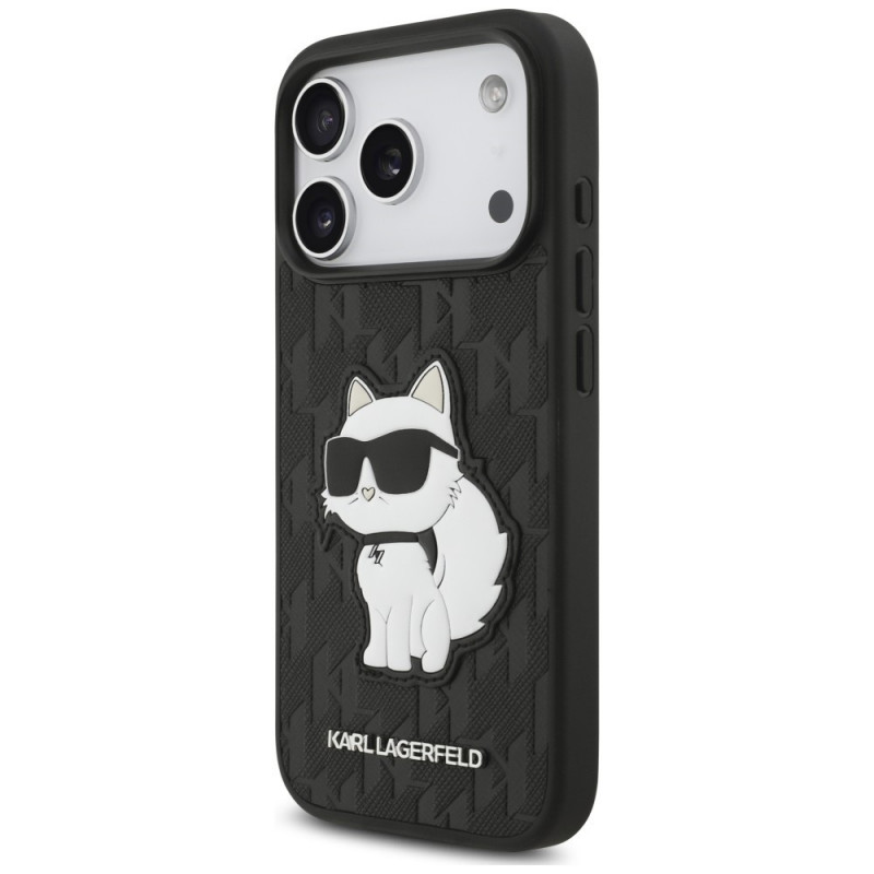 Custodia Karl Lagerfeld Saffiano Mono Patch Choupette per Apple iPhone 18 Pro / 17 Pro, nera