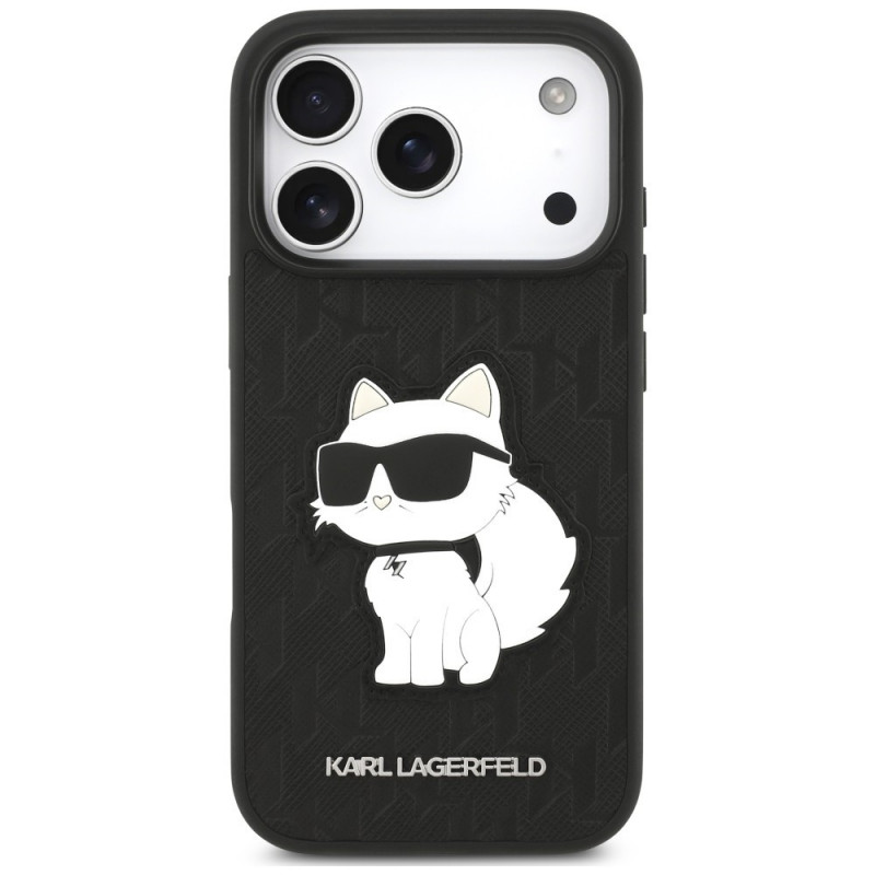 Custodia Karl Lagerfeld Saffiano Mono Patch Choupette per Apple iPhone 18 Pro / 17 Pro, nera