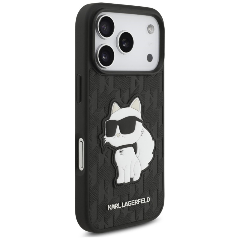 Custodia Karl Lagerfeld Saffiano Mono Patch Choupette per Apple iPhone 18 Pro / 17 Pro, nera