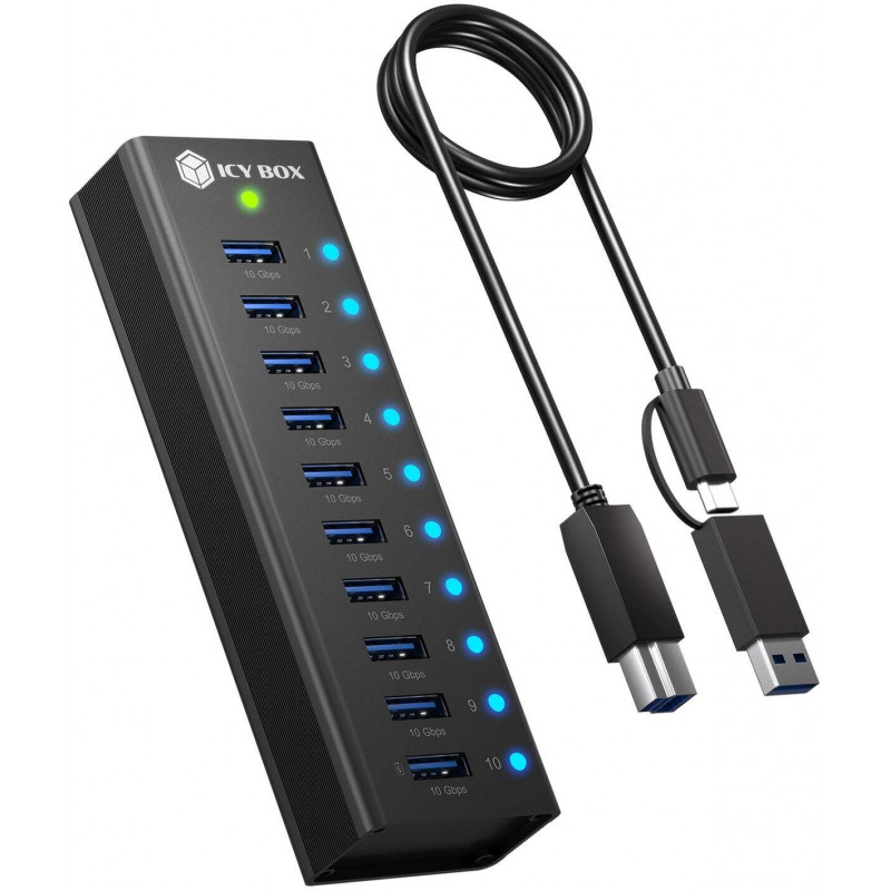 Hub USB 3.2 Gen 2 a 10 porte ICY BOX IB-AC6110a con porta di ricarica, 12 V