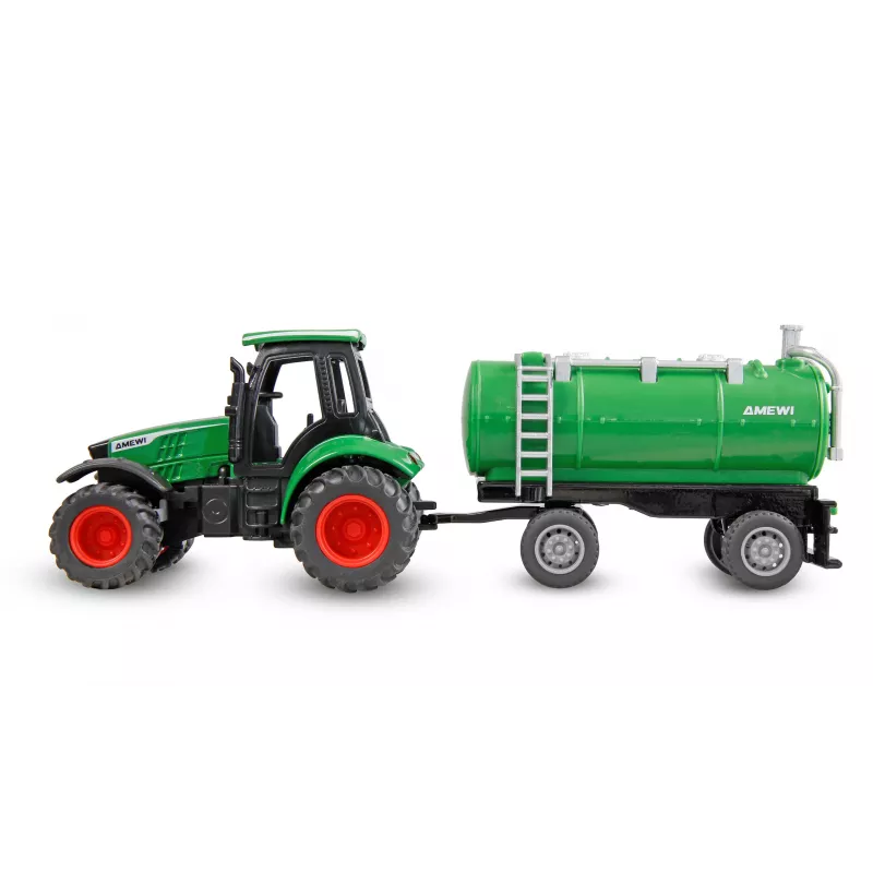Trattore in metallo Amewi con rimorchio cisterna, 1:64, RTR, verde