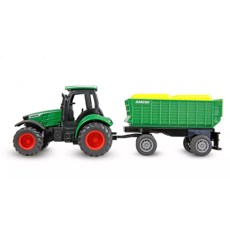 Trattore in metallo Amewi con rimorchio, 1:64, RTR, verde