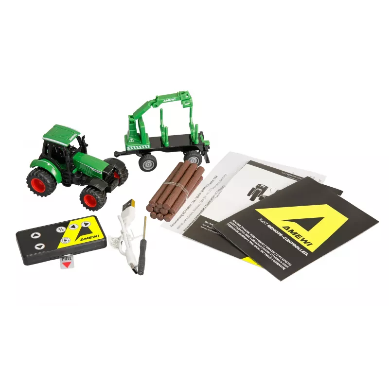 Trattore in metallo Amewi con rimorchio forestale, 1:64, RTR, verde