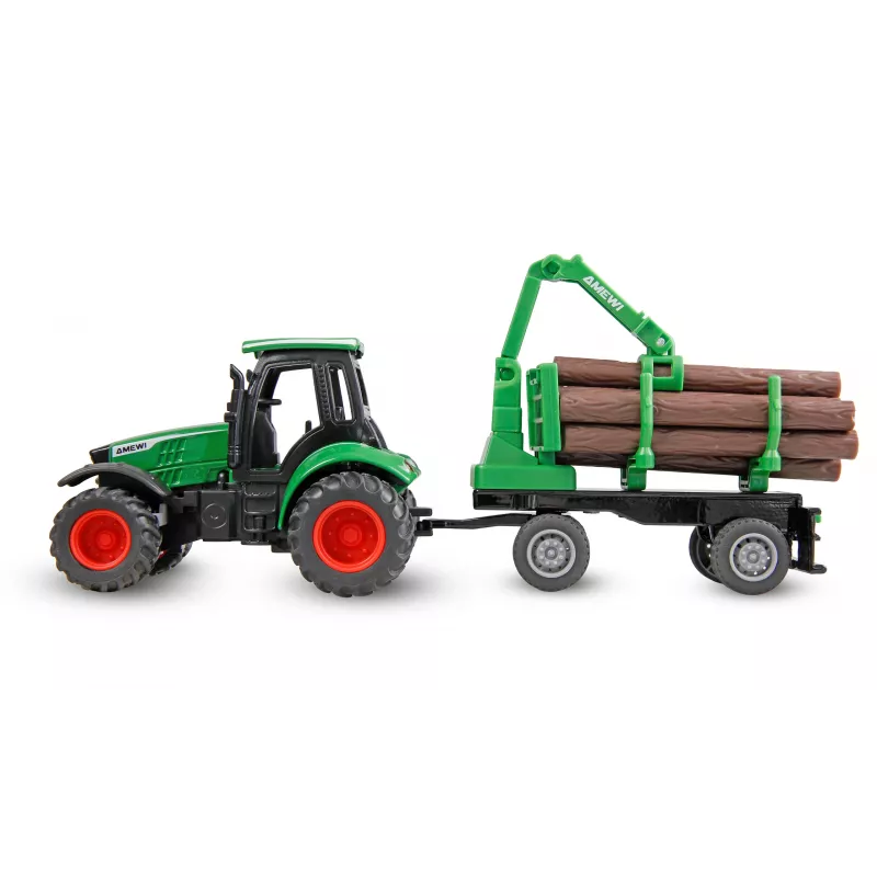 Trattore in metallo Amewi con rimorchio forestale, 1:64, RTR, verde