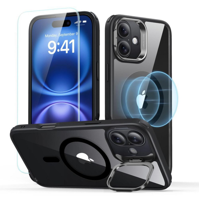 Custodia ESR Classic Hybrid Kickstand HaloLock MagSafe con vetro temperato per Apple iPhone 16, trasparente/nera
