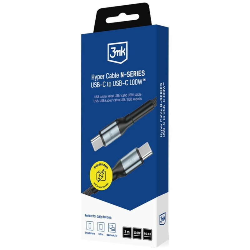 Cavo 3MK Hyper Cable N-SERIES USB-C a USB-C, 3 m, 100 W, nero