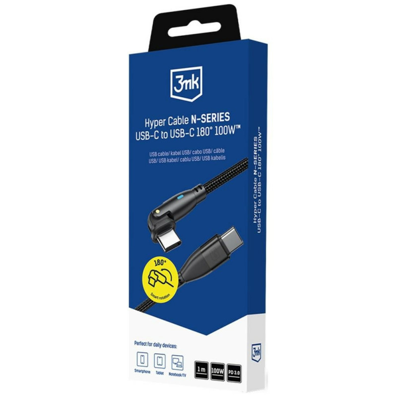 Cavo 3MK Hyper Cable N-SERIES USB-C a USB-C con connettore girevole a 180°, 1 m, 100 W, nero