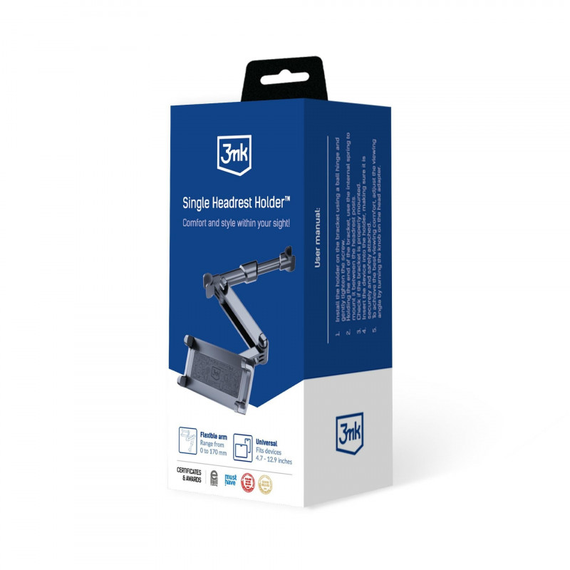 Supporto da auto 3MK Single Headrest Holder per telefoni e tablet 4.7"-12.9", nero
