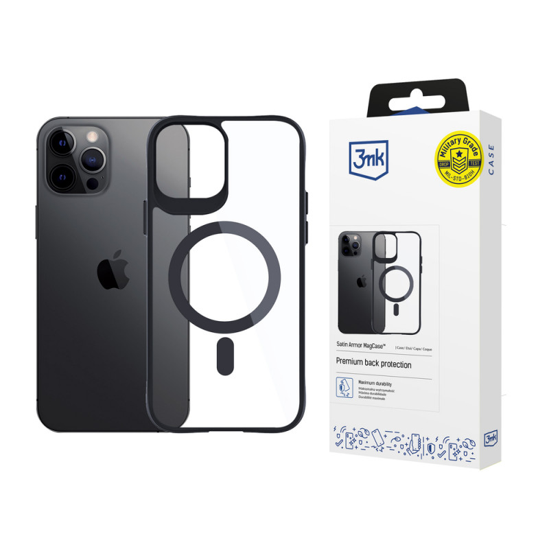 3MK Satin Armor MagCase con MagSafe per Apple iPhone 12 Pro Max, trasparente con cornice nera