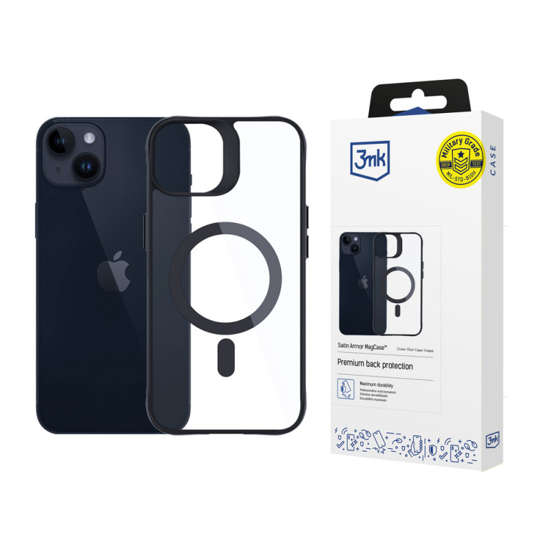 3MK Satin Armor MagCase con MagSafe per Apple iPhone 14 Plus, trasparente con cornice nera (156076-0)