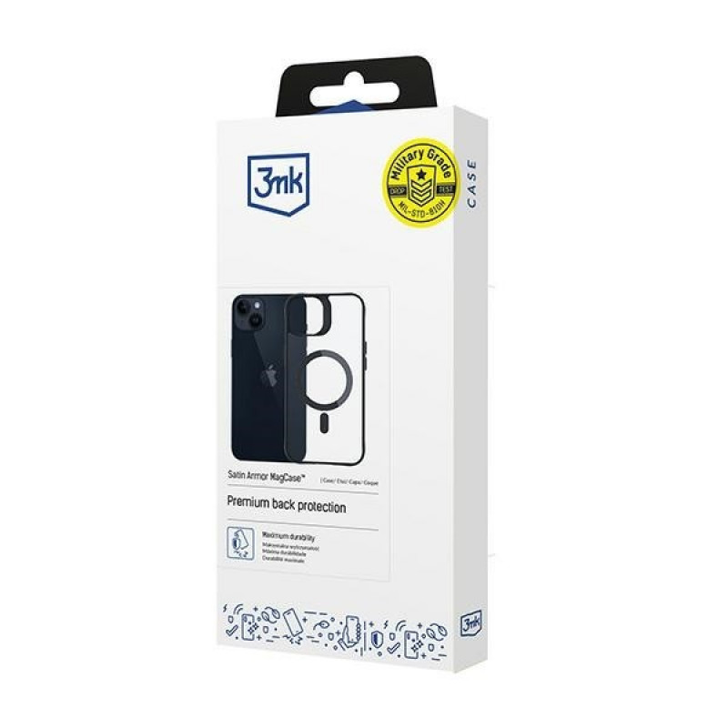 3MK Satin Armor MagCase con MagSafe per Apple iPhone 14 Plus, trasparente con cornice nera (156076-0)