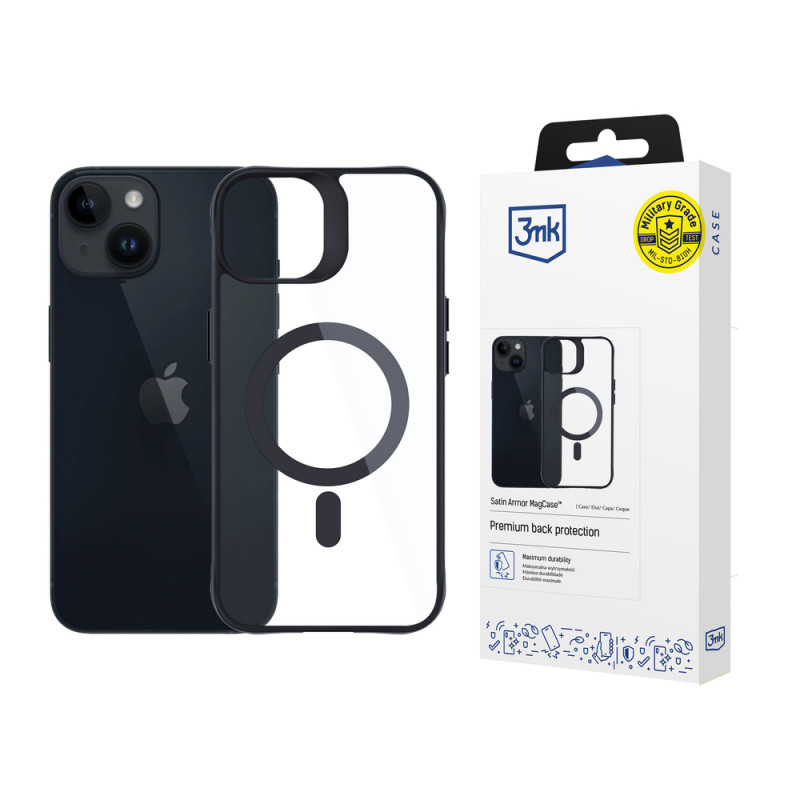 3MK Satin Armor MagCase con MagSafe per Apple iPhone 13 / 14, trasparente con cornice nera (156075-0)